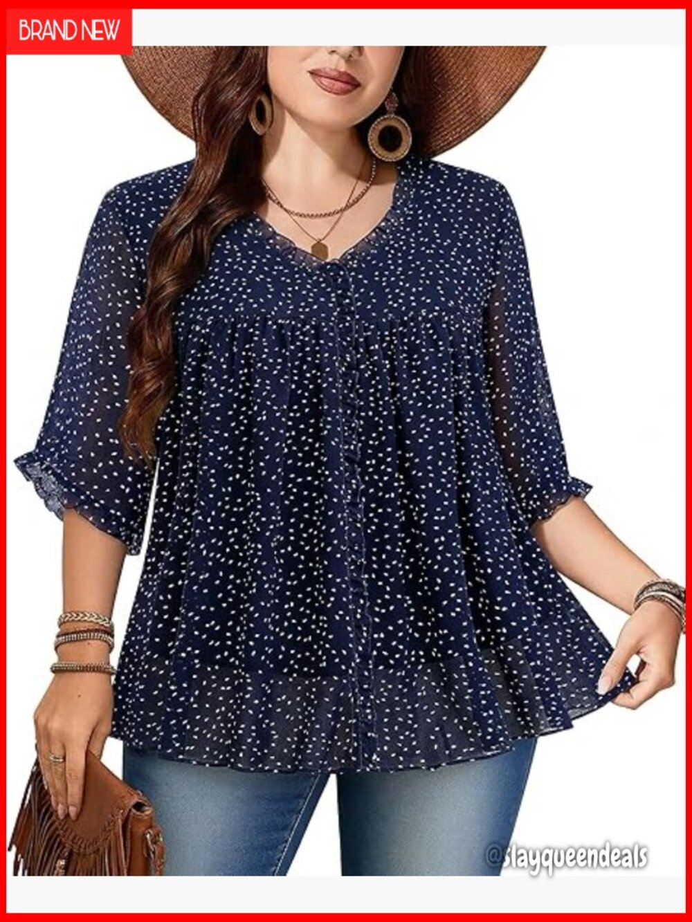 Plus Size Chiffon Blouse 3/4 Ruffle Sleeve V Neck Loose Fit Boho